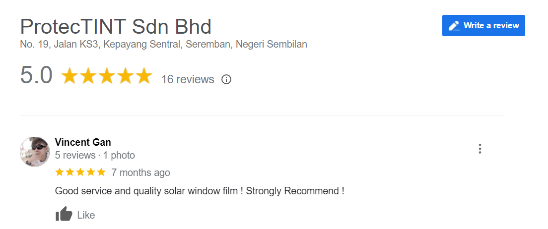 Customer Review - Good service and quality solar window film ! Strongly Recommend ! Like